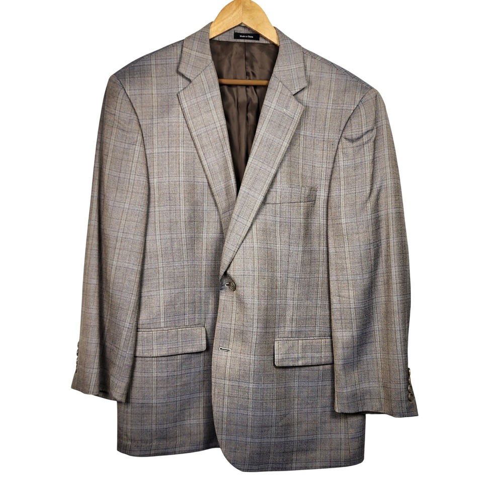 Joseph & Feiss Gold Wool Blend Blazer Sport Coat 46R Classic Fit Brown Plaid